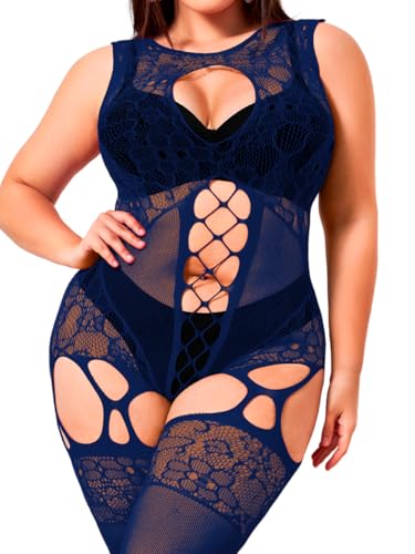 EHSUYAB Plus Size Body Stockings For Women Curvy BBW, Exotic Dancer Lingerie Outfits, Full Sexy Fishnet Bodysuit Rave Party Navy Blue