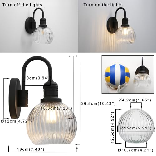 Image of Yosoan Boho Brass Vintage Bathroom Wall Sconce with Striped Shade, 1-Light Indoor Hardwired Vanity Wall Mounted Fixture with Double Hole Round Glass Lamp for Bedroom Kitchen Mirror Living Room(Black)