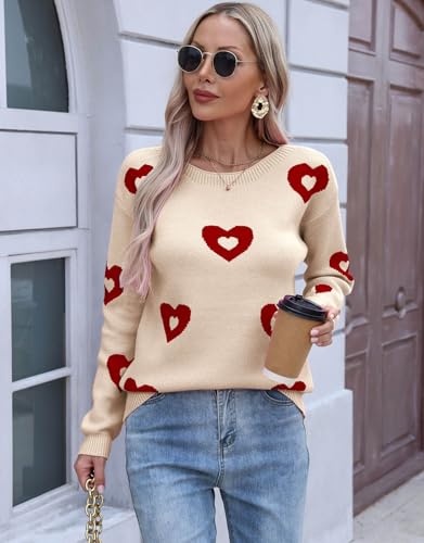 Image of Womens Cute Heart Sweater Crew Neck Long Sleeve Pullover Valentines Sweater