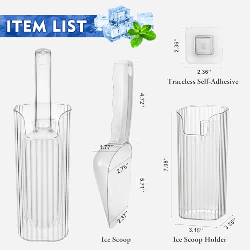 KAWENDE Ice Scoop with Holder - Removable Plastic Ice Scoop and Holder for Freezer, Kitchen Countertop Ice Maker, Commercial Ice Machine, Ice Scoop Holder with Strong Traceless Self-Adhesive