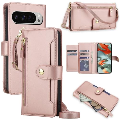 Étui portefeuille Google Pixel 8 Pro cuir avec fermeture éclair antichoc or rose