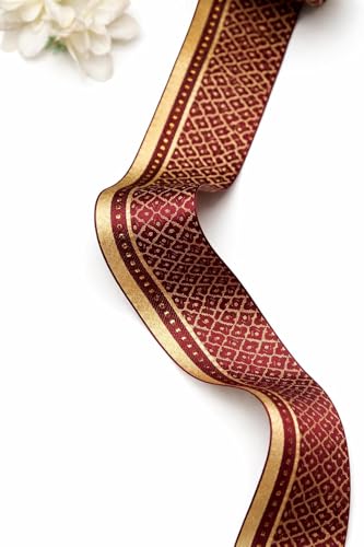 Image of Banarasi Silk Border Lace for Saree, Dupatta, Lehenga, Suit, Blouse & Home Furnishing, Crafting DIY (Maroon Gold, 9 Meters x 2.25 Inch)