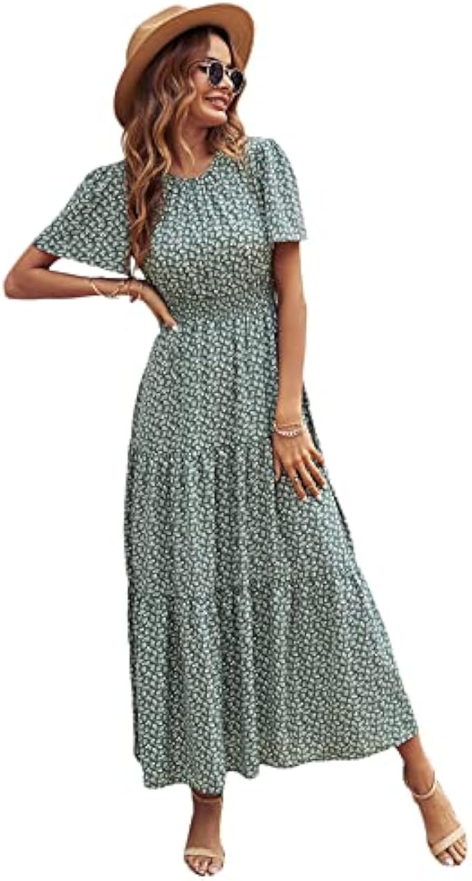 Floerns Women's Short Sleeve Boho Floral Dress A Line Smocked Midi Dress