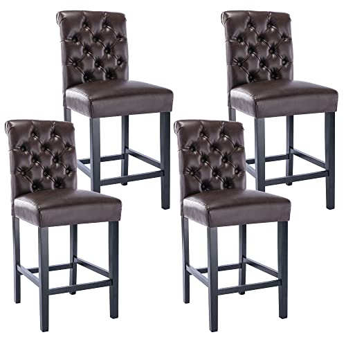 Bar Stools Set of 2, 26 inch Faux Leather Counter Height Barstools Modern Upholstered Kitchen Island Wood Bar Chairs for Home Pub/Bistro/Coffee House, Black