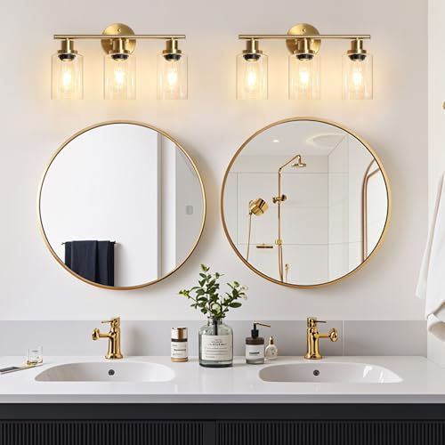Image of Unicozin Modern Bathroom Light Fixtures, 3 Light Vanity Lights, Gold Wall Lamp with Clear Glass for Bathroom, Mirror, Living Room, Bedroom, Hallway, E26 Base