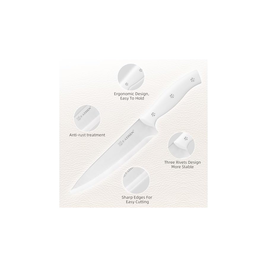 15-Piece White Kitchen Knife Set with Built-in Sharpening Stone, Ergonomic Triple Rivet Fixed Handles, Dishwasher Safe
