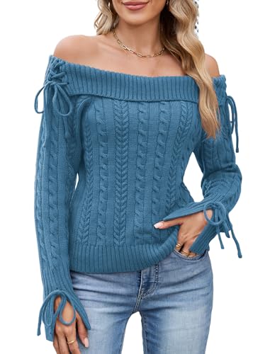 ZAFUL Women Off Shoulder Sweaters Long Sleeve Cable Knit Slim Fit Ribbed Knit Tops Pullover Sweaters
