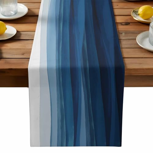 Blue White Ombre Table Runner Dresser Scarf 13 x 60 Inch Abstract Gradient Ocean Waves Modern Stripe Table Runners Non-Slip Heat Resistant Kitchen Dining Table Decor for Home Holidays Indoor Outdoor