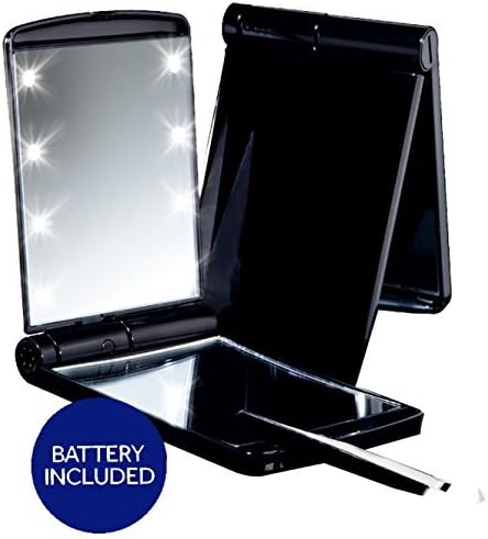 Deluxe LED Compact Makeup Mirror Black True Mirror and 5x Magnification Includes Battery and Tweezers, Perfect Cosmetic Mirror for Travel and Purses. Handheld Mirror Folds Back for Vanity Style