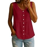 Leinen Tank Tops für Damen Sommer Leicht Leinenbluse Casual Elegante Oberteile Ärmellos V-Ausschnitt Tanktops Einfarbig Bequem Longtops mit Knopfleiste Sommertop Baumwolle Bluse Shirts