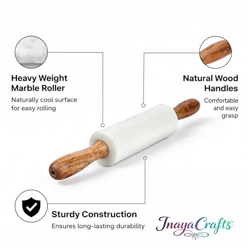 Image of White Marble Rolling Pin with Wooden Handles, 14 Inch Dough Roller for Baking and Kitchen Use, Non Porous Surface Belan for Chapati, Roti, Pizza, Pastry and Dough Preparation