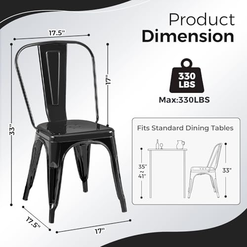 Image of Metal Dining Chairs with Backrest, Stackable, Black, 12 Pack | Easy Assembly, Non-Slip Feet, 330 lb Capacity, Kitchen, Restaurant, Cafe, Pub, Covered Patio