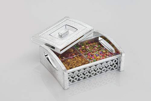 MEMON ARIF Abdulla Silver 4 Slot Decorative Box for Dry Fruit Mukhvas Storage & Decoration Gift Box for Wedding Box for Storage, Gift (Rectangle)-SBF-124