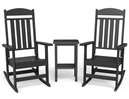 NAVINE 3-Piece Outdoor Rocking Chair Set, Oversized Porch Rocking Chair Set of 2 with Side Table, HDPE High Back Patio Rocking Chair, Suitable for Patio, Porch, Backyard, Black
