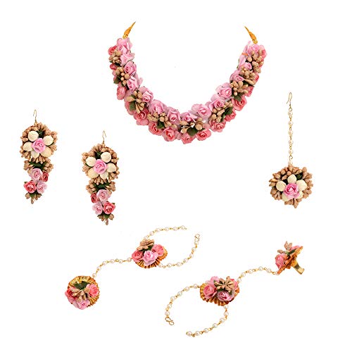 Zephyrr Handmade Pink Gota Patti Floral Fashion Jewelry Set for Women and Girls: Haldi, Baby Shower, Mehndi Godbharai Necklace Set with Earrings/Maang Teeka/Bangles/Ring
