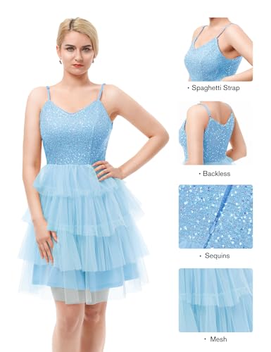 Image of Dressystar 2026 Women's Tiered Sparkly Sequin Glitter Formal Prom Dress Mini Spaghetti Strap Tulle Cocktail Party Dresses