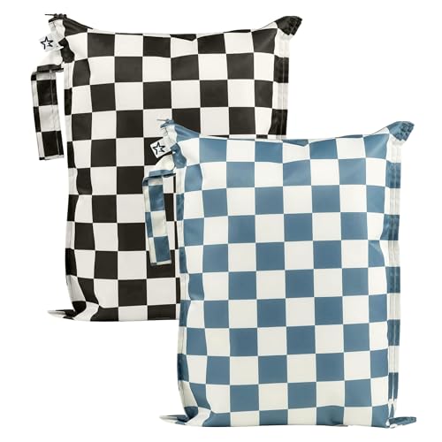 Image of Tiny Twinkle Mess Proof Wet Bags | 2-Pack Reusable Waterproof Wet Bags for Swimsuits | Baby Clothes | Travel & Diaper Bag (Blue, Black Checkers)