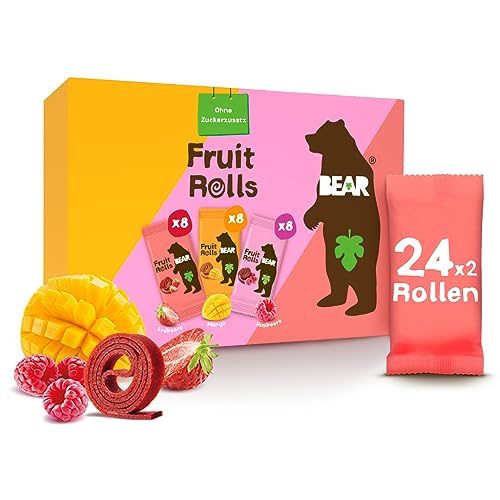 BEAR Fruchtrollen Mixbox I 100% Natürliche Inhaltsstoffe I Ohne Zusatz von Zucker I Gesunder Snack für Kinder & Erwachsene I 24 Beutel x 20g I 480g