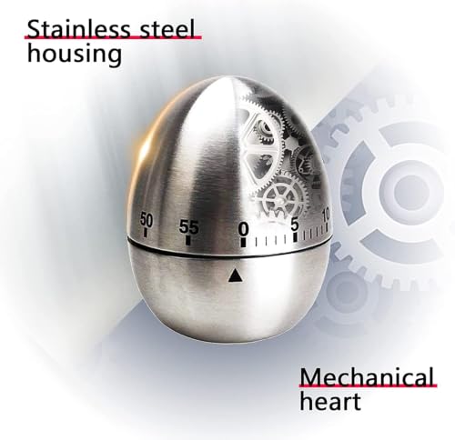 Image of Stainless Steel Egg Kitchen Timer | 60-Minute Mechanical Countdown Timer with Loud Alarm | Egg-Shaped Rotating Manual Timer for Cooking, Baking, Study & Pomodoro (Brushed Silver)