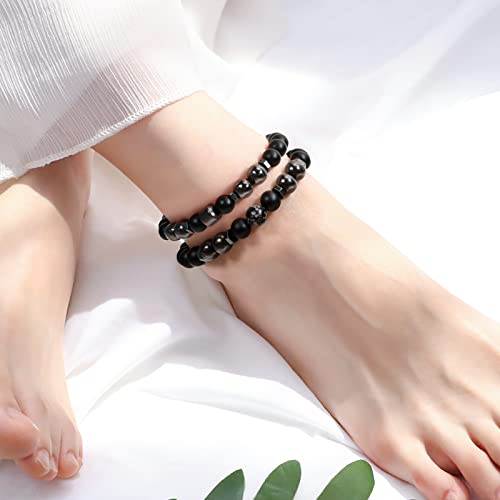 Lymph Detox Bracelet Slim Anklet for Women, Hematite Beads Obsidian Anti-Swelling Stretch for Stress Anxiety Relief, Energy Metal Bracelet3