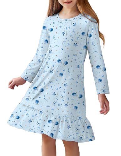 Arshiner Camisones para Niñas Vestido de Dormir con Volantes Estrellas Azules Camisón de Cuello Redondo Infantil Camisón de Otoño de Manga Larga para Niñas 9-10 Años