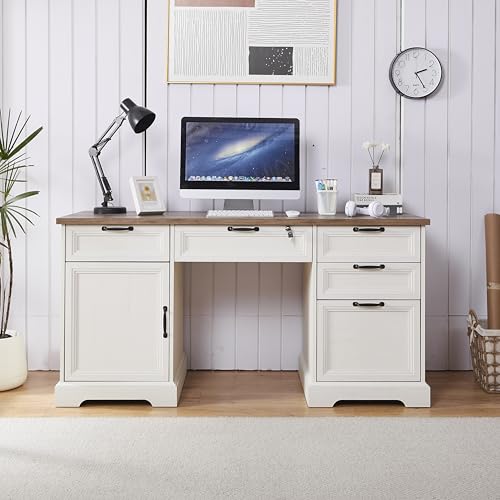 LayBurst 60' Farmhouse Executive Desk with Charging Station,Home Office Desk with 4 Drawers & 1 Cabinet&1 File Cabinet,Main Drawer with Lock,Wood Desk for Office and Home