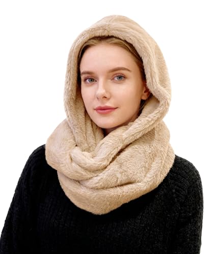Lina & Lily Kapuzenschal Damen Winter Loop Schal aus Kunstfell (Beige)