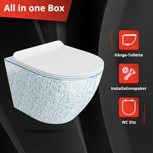 Lavita LAV 101 Vorwandelement für WC 40cm + Wand Hänge Tiefspül WC SOFI SLIM KRESZ Weiß/Blau Spülrandlos + Bedienplatte LAV 200.3.1 Weiß + WC Sitz mit Absenkautomatik Komplettset Unterputz Spülkasten – Bild 8