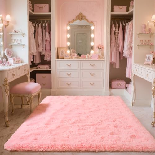 Zentavio Pink Rugs for Girls Room 4x6 Area Rugs for Living Room Cute Carpet for Bedroom Washable Soft Fluffy Shag Aesthetic Plush High Pile Throw Rug for Nursery Kids Room Dorm Room