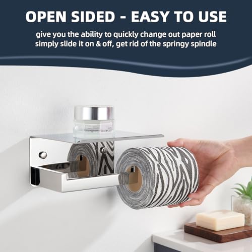 Image of Angle Simple Toilet Paper Holder with Shelf, Polished Chrome | SUS304 Stainless Steel Toilet Tissue Roll Holder, Fit Most Rolls, Extra Shelf for Storing Phones Wet Wipes, Screw Wall Mount