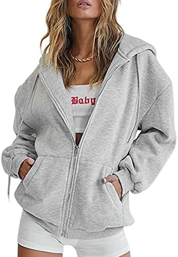 FOMOYUU Womens Oversized Zip Up Hoodie Jacket Baggy Loose Basic Zipper Hooded Sweatshirt Coat (Grey, S)