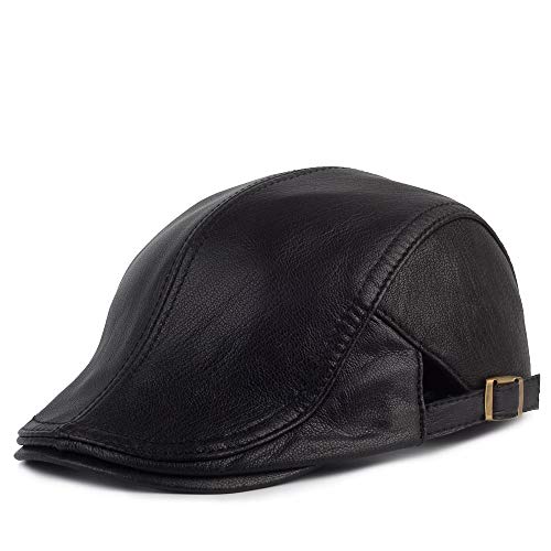 Mens Real Sheepskin Leather Newsboy Cap Adjustable Irish Flat Ivy Beret Caps Gatsby Cabbie Driving Hunting Hat (Balck)