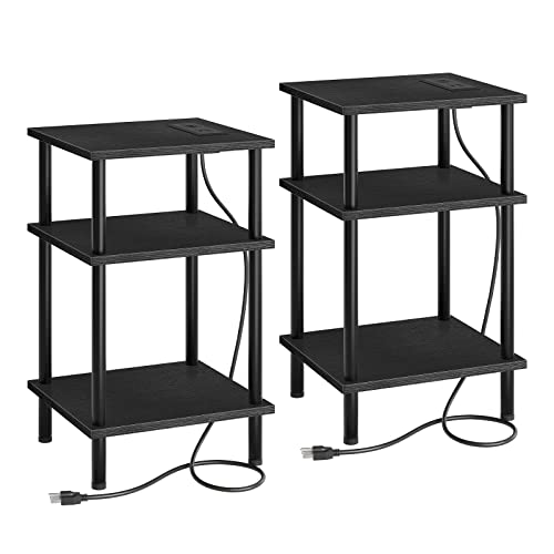 Hoobro Set Of 2 Side Tables With Charging Station And Usb Ports, 3-Layer Stackable Nightstand, 23.2 Inches End Table For Small Space In Bedroom, Living Room, Industrial Style, Black Bk10Ubzp201 #TOP9