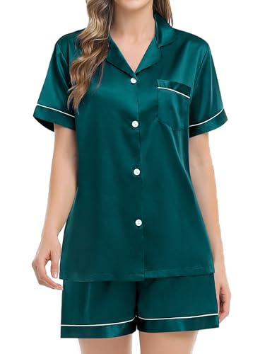 Image of SWOMOG Women Matching Pajamas Set Silk Satin Sleepwear Short Sleeve Button Down Pj Set 2 Pcs Loungewear Green Medium