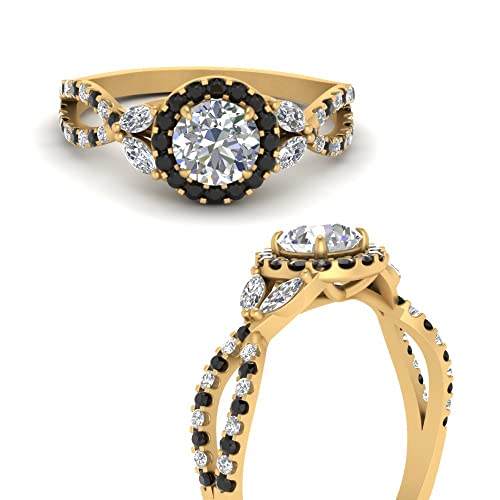 Image of Choose Your Gemstone Floral Split Shank Halo Engagement Ring Yellow Gold Plated Round Shape Split Shank Engagement Ring Lightweight Office Wear Everyday Gift Jewelry US Size 4 to 12