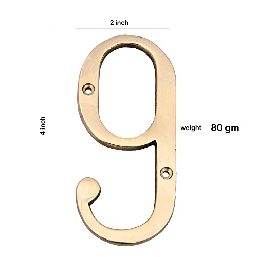 Image of 4 inch Brass House Hotel Door Number Plaque Sticky Numeric Numerical Digit 0-9 [9 (Nine)] (NINE)