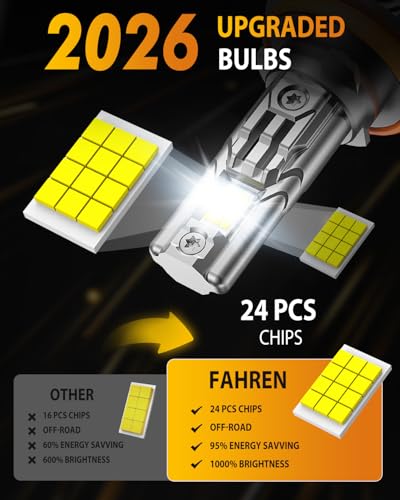 Image of FAHREN 2026 H11 /H9 /H8 Light Bulbs, 24 Chips 80,000LM Ultra Brighter H11 High /Low Beam, 6500K Cool White, 10-Year Service Life with Cooling Fan, No Adapter Required Plug-N-Play, Pack of 2