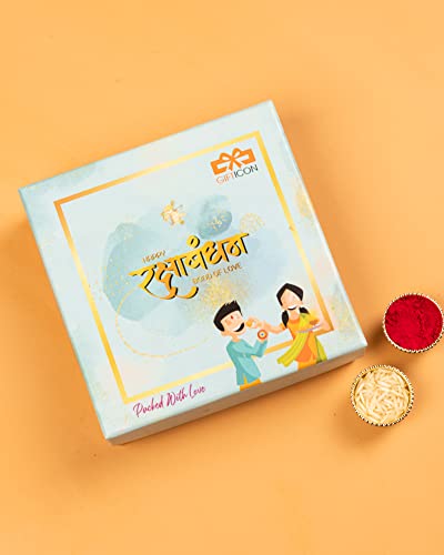 Image of Gifticon Rakhi Set for Brother with Chocolate | Premium Designer Rakhi, Chocolate, Roli Chawal, Greeting Card & Premium Gift Box | Rakhi Hamper for Raksha Bandhan | Ganesh Ji & Rudraksh Rakhi