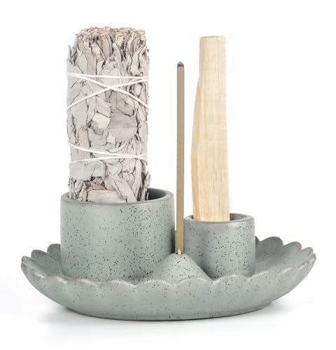 Soporte Salvia, 3 en 1 Cerámica Soporte de Incienso para Palo Santo, Salvia, Bandeja Colectora de Cenizas Hecha a Mano para Sala Meditación