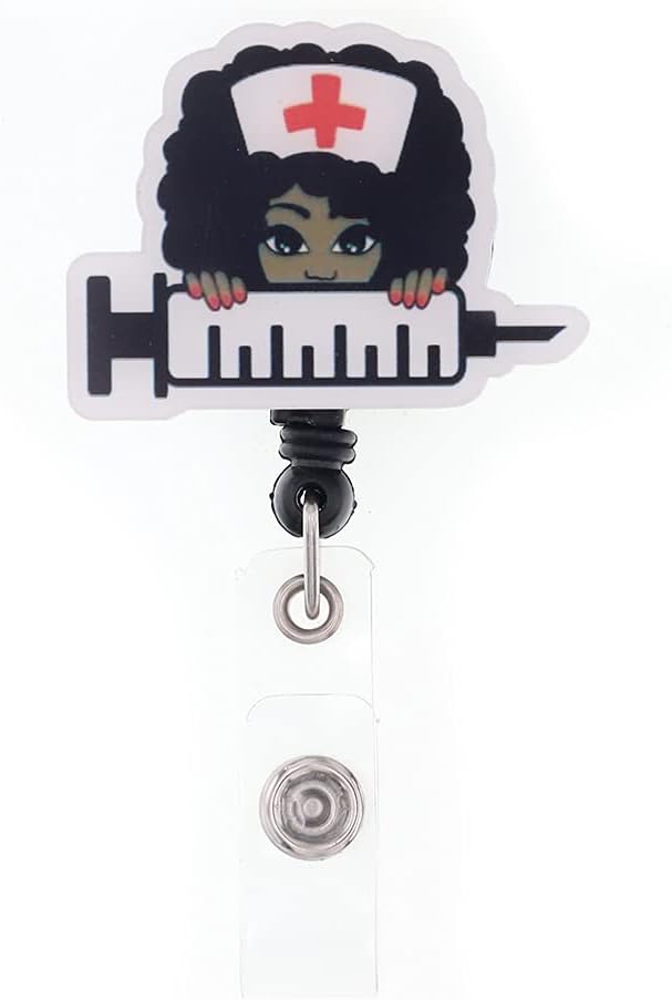Cute Black Girl Retractable Badge Holder Gift for Women, Nurse Badge Reel, ID Name Tag Nursing Badge Alligator Clips for Nurses