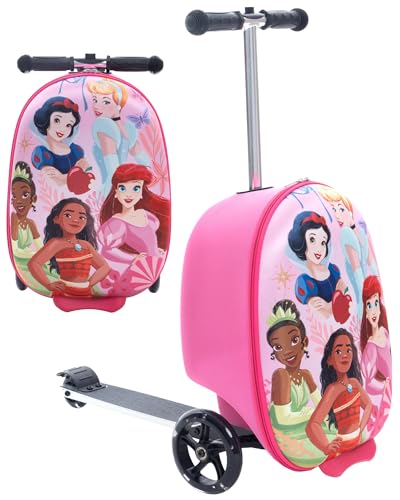 Fast Forward Disney Princess Suitcases for Girls – 18” Lightweight Kids Ride On Suitcase Scooter – 4” Wider Non-Slip Standing Deck with Weight Limit (Luggage 11lbs and Scooter 100lbs)