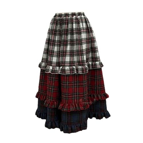 Falda larga a cuadros para mujer, cintura alta, acampanada, plisada, de encaje, estilo casual, 3, S