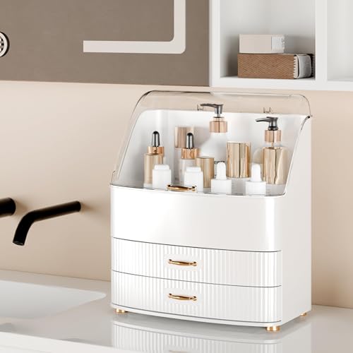 Image of Makeup Organizer Countertop Vanity with Transparent Lid Drawers Waterproof Dustproof Cosmetic Skincare Bathroom Storage Gift for Women Teens Girls (White)