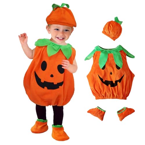 Disfraz Calabaza Bebe de Halloween Niña Niño, Disfraces Halloween Bebe Recien Nacido 3 Piezas, Chaleco con Sombrero y Zapatos Calabaza, Cosplay Vestido para Carnaval Fiesta para 0-3 Años
