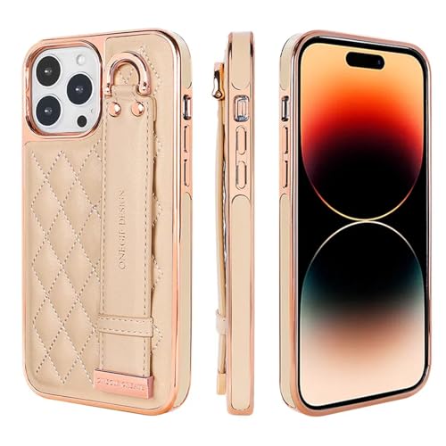 Coque iPhone 15 Pro Max antichoc en cuir beige avec béquille support et sangle de transport