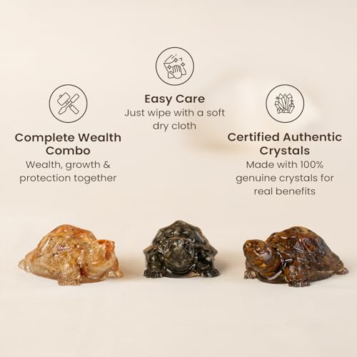 Image of Astrotalk Maha Dhan YOG Tortoise Combo | Resin Pyrite, Citrine & Tiger Eye Turtle for Wealth, Prosperity & Protection | Tortoise for Good Luck for Home Decor & Office | Home Decor for Living Room