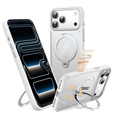 Coque iPhone 17 Pro Max Tapify avec support rotatif et anneau MagSafe blanc