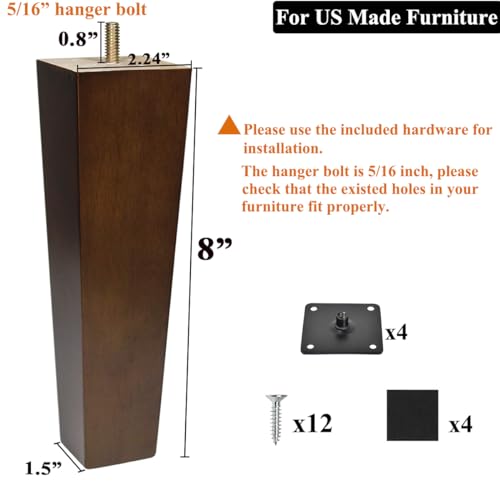 AORYVIC Wood Furniture Legs 8 inch Sofa Legs Set of 4 Square Replacement Legs Brown for MCM Ottoman Armchair Recliner Coffee Table Dresser