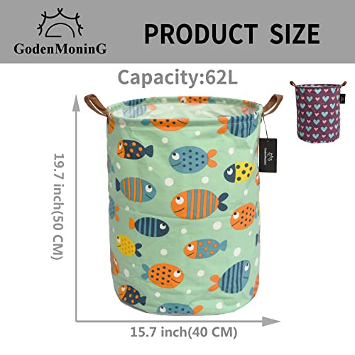 Collapsible Laundry Basket - Godenmoning 2X 62.8L Large Sized Round Waterproof Storage Bin With Leather Handles,Home Decor,Toy Organizer,Children Nursery Hamper.(Colour Fish & Purple Love Heart, 1+1) #TOP1