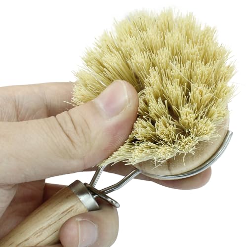 Image of 8Pcs Wooden Dish Brush Set, Sisal | 8Pcs Bamboo Scrub Brush Replacement Heads, 1 Handle, For Kitchen Pots and Pans Cleaning Supplies